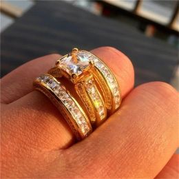 Bands Huitan 3Pcs/Set Engagement Rings Fashion Silver Plated/Gold Color Set Ring for Women Wedding Accessories Inlaid With CZ Crystal