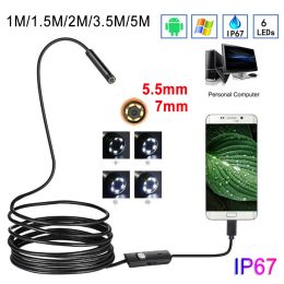 Cameras 5.5mm 7mm Endoscope Camera 1M/1.5M/2M/3.5M/5M Flexible IP67 Waterproof Inspection Borescope Camera For Android 6 LEDs Adjustable