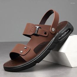 Sandals Summer Designer Thick Soled Air Cushion Romanesque Male Fashion Retro Slip-on Casual Cowhide Men's Slippers