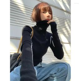 Women's Knits Temperament High-neck Long Sleeve Knit Tops 2024 Autumn Korean Chic Design Slim Fit Casual Sweater Simple Solid Pullover