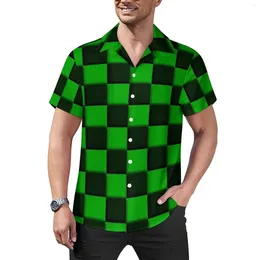 Men's Casual Shirts Cool Checkerboard Blouses Mens Green Black Checkers Hawaiian Short Sleeve Print Y2K Oversized Vacation Shirt Gift