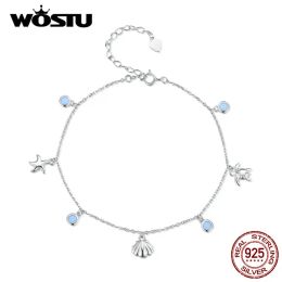 Anklets WOSTU 925 Sterling Silver Seastar & Shell Charm Anklet Foot Jewelry for Women Summer Beach Jewelry Gift
