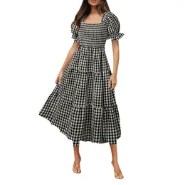 Party Dresses Women'S 2024 Bohemian Summer Plaid Square Neck Puff Sleeve Ruffle Flowy Beach Midi Dress Elegant For Women Long