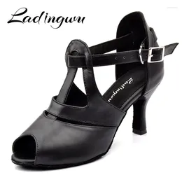 Dance Shoes Ladingwu Black Genuine Leather Woman Latin Comfortable Soft Bottom Salsa Profession Ballroom