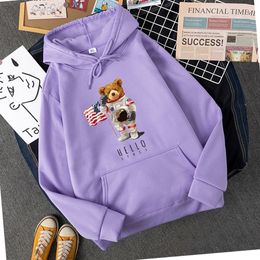 New Fun Teddy Bear Hello Space Print Hoodie Apparel Casual Hooded Women's Fashion Sweatshirt Brushed Loose Streetwear 2024