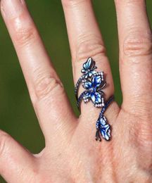Wedding Rings European Vintage Woman Elegant Oil Blue Butterfly Flower Ring High Quality Hand Made Enamel Jewellery Gift8499283