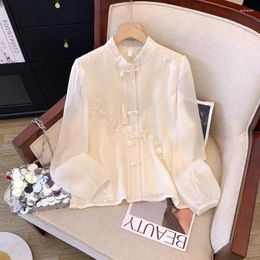 Ethnic Clothing Chinese Top Tassel Stand-up Collar Chiffon Shirt Embroidered Women Long Sleeves Blouse Lady Elegant Tangsuits