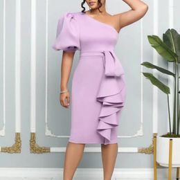 Plus Size Dresses Summer Solid Colour Hip Wrap Sexy Slimming Style Commuting Oblique Shoulder Bubble Sleeve Dress