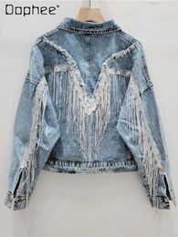 Women's Jackets Sequined Tassel Stitching Denim Short Coat 2024 Spring Loose All-Matching Long Sleeve Top Street Style For Women