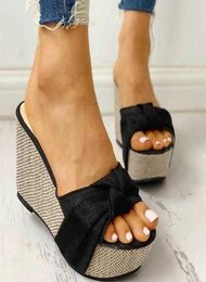 Women Sandals Summer 2021 New Fashion Denim Butterfly Knot Platform Wedges High Heel Peep Toe Casual Fashion Beach Ladies Shoes Y01410783