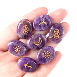 Beads 13Pcs/set Witch Rune Natural Stones Set Engraved Oval Crystal Agate for Divination Dowsing Meditation Balancing Spiritual Gifts