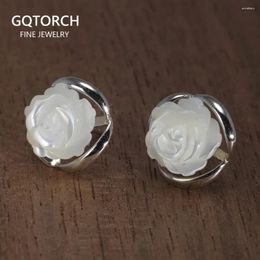 Stud Earrings Genuine 925 Sterling Silver White Rose Flower Studs For Women Natural Shell Designer Jewellery