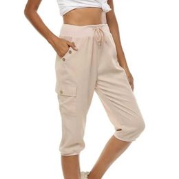 Women's Pants Capris Women Summer Pants Sweatpants Elastic Waist Solid Color Drawstring Soft Loose Soft Casual Button Decor Cropped Pants Y240422