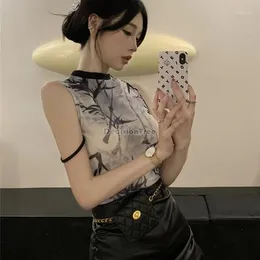 Ethnic Clothing 2024 Chinese Bamboo Printed Halter Vest Women's Summer Fashion Retro Style Short Sleeveless Top Slim Camisole W329