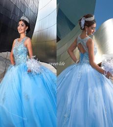 Light Sky Blue Sweet 1516 Party Debutantes Gowns Backless Sheer Neck Crystals Sparkly Sequins Tulle 2019 Custom Quinceanera Dress3216341