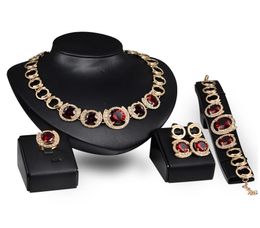 Dubai 18K Gold Pendant Red Ruby Necklace Sets Fashion African Diamond Wedding Bridal Jewelry Sets Necklace Bracelet Earrings 9422749