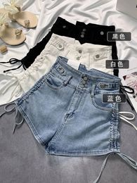 Women Denim Shorts High Waist Buttons Drawstring Solid Slim Short Pants Summer Female Casual S-3XL 240418