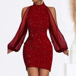 Casual Dresses Women Evening Dress Long-sleeved Elegant Women's Off Shoulder With Long Lantern Sleeves See-through For Lady