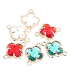 Strands 20pcs Brass Casted Flower Clovers Charms Red Green Crystal Connectors Findings DIY for Women Bracelet Earrings Jewelry Making