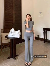 Women's Two Piece Pants Sweet Girl Casual Suit Summer Gray Shoulder Short-sleeved T-shirt Flared Two-piece Set Fashion Female Clothes