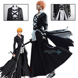 Anime Costumes Anime Bleach Cosplay Comes Kurosaki Ichigo Handsome Cool Black Role Play Robe Clothing for Men and Women Cosplay Y240422