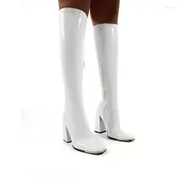 Boots Women Round Toe Chunky Heel Patent Leather Medium Tube Women's High Heels Winter Autumn Zipper Long