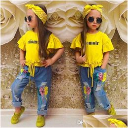 Clothing Sets Toddler Tracksuits Baby Girls Kids Clothes Set Printed Top T Shirt Hole Denim Shortsadd Bow Headband 2023 Summer Outfits Dhz69