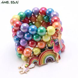 Bracelets MHS.SUN 9PCS Colourful kids girls fashion cartoon animal pendant bracelet charm baby elastic beads bracelets bangles child gift