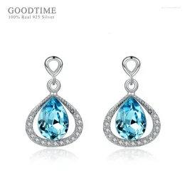 Stud Earrings Trendy Earring Pure 925 Sterling Silver Temperament WaterDrop Pink Blue Crystal Woman Commemorative Gift