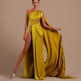 Sexy Long Yellow Pleated Evening Dresses With Slit/Ribbon Sheath One Shoulder Sweep Train Zipper Back Prom Dresses for Women