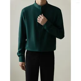 Men's Casual Shirts High Quality Stand Collar Ice Silk Mens Korean Fashion Long Sleeve Iron-free Drape Business Buttons Shirt Men