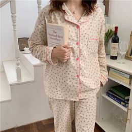 Women's Sleepwear Autumn Winter Floral Print Sanding Pajama Sets Pants Thick Long Sleeve Soft Pure Cotton Home Clothes S417