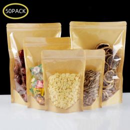 Bags 50pcs Kraft Paper Zip Lock Bags One Side Clear Stand Up Resealable Snack Coffee Beans Dates Chocolate Packaging Storage Gift