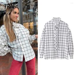 Women's Blouses Ruffled Plaid Blouse Women Shirt Spring Summer 2024 Lapel Collar Long Sleeves Loose Top In Elegant Casual