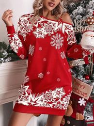 Casual Dresses 2024 Women Christmas Dress Red One Shoulder Long Sleeve Sweatshirt Winter Trendy Year Fashion Party Clothing Ladies