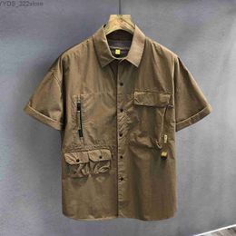 Men's Shirts New mens retro loose fitting short sleeved outdoor lapel multi pocket work jacket trend street clothing mens clothing yq240422