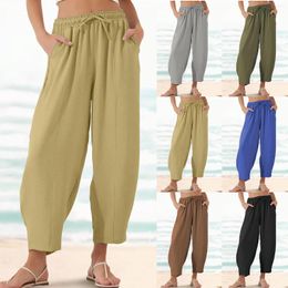 Women's Pants Spring Summer Women 2024 Beach Style Cotton Linen Pockets Solid Colour Baggy Harem Ankle Length Straight Trousers