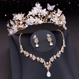 Necklaces Gorgeous Butterfly Tiaras Bridal Jewelry Sets for Women Crown Flower Choker Necklace Wedding Bride Costume Jewelry Accessories