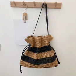 Drawstring Fashion Striped Woven Beach Bag Single-shoulder Tote Straw Closed Women's Crossbody Bucket