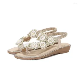 Sandals Summer Women 1cm Platform 3cm Wedges Low Heels Lady Large Size Bling Pearl Comfortable Crystal Casual Bohemian