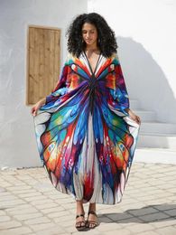 Plus Size Multicolor Boho Printed Hand-knit V Neck Casual Kaftan Women House Dress Summer Beachwear Swimsuit Cover Up Q1634