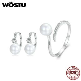 Sets WOSTU New Arrival 925 Sterling Silver Shell Pearl Earrings Opening Ring Set Ear Hoop for Women Fine Jewellery Party Date Gift