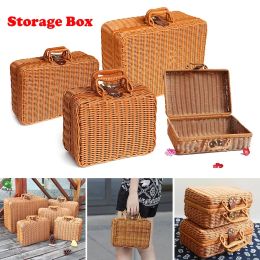 Bins Portable Picnic Basket Handmade Rattan Woven Storage Case Vintage Makeup Travel Suitcase Cosmetics Sundrie Organiser Storage Box