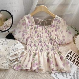 Women's Blouses Woman Summer Square Collar Fragmented Chiffon Shirts Girl Loose Doll Shirt Bubble Sleeves Short Sleeved Tee Q208