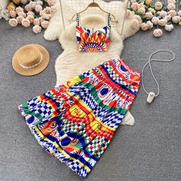 Summer Runway Holiday Beach Two Piece Set Womens Cup Padded Spaghetti Strap Colorblock Print Short Crop Tops Maxi Skirts Suit 240415