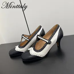 Dress Shoes Genuine Leather High Heel Mary Janes Ankle Strap Women Split Toe Oxfords Leisure Clip-on Shallow Spring