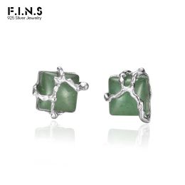 Earrings F.I.N.S New Chinese Temperament Stud Earrings Women's S925 Sterling Silver Square Green Aventurine Jade Piercing Fine Jewelry
