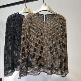 Women's Blouses Fashion Sequin Beading Shirt Women Luxury Sexy Full Sleeve O-neck Pullovers Tops