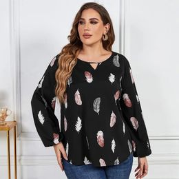 Womens Plus Size Blouses Feather Print Tops Cut Out V Neck TShirts Round Tee Black Long Sleeves Spring Clothing 240419