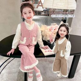 Clothing Sets 2024 Top Fashion Girls Baby 3pcs Set Vest Jackets Shirts Pants Kids Children Spring Autumn Wear Birthday Clothes